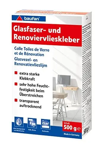 Produktbild: Baufan Glasfaser- und Renoviervlieskleber 500g I Starker Tapetenkleister für schwere Wandbeläge & Raufaser I Ohne Lösungsmittel I Für Rolle & Bürste