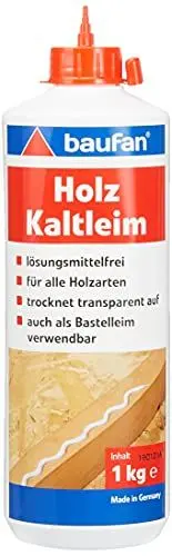 Produktbild: Baufan Holzkaltleim 1kg I Holzkleber für alle Holzarten, Papier & Pappe I Lösungsmittelfrei, trocknet transparent I Auch als Bastelleim verwendbar