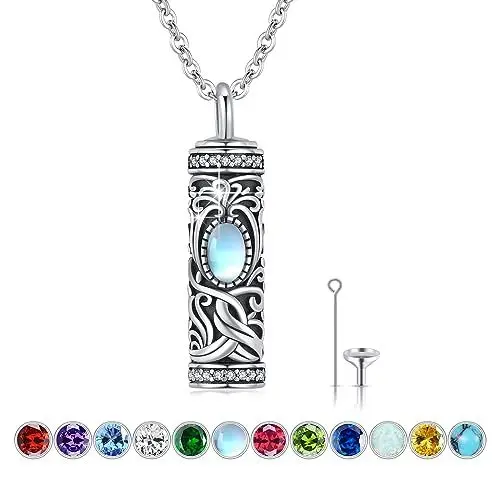 Produktbild: Baum des Lebens Urne Halsketten für Asche Sterling Silber Baum des Lebens Feuerbestattung Schmuck Erinnerungsschmuck Geschenk für Frauen Männer Zylinder Urne Halskette Sterling Silber (06-Moonstone)