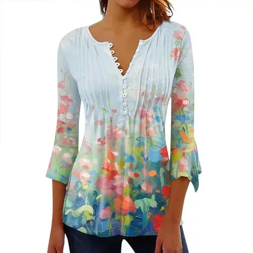 Produktbild: Baumwoll Bluse Festliche Blusen Damen Damen Bluse 3/4 Arm Long Shirt Damen Kurzarm Tunika Shirt Damen Sommer Damen Bluse Sommer 3/4 Wärmel Oberteile Wickelbluse Damen Damen Türkis M