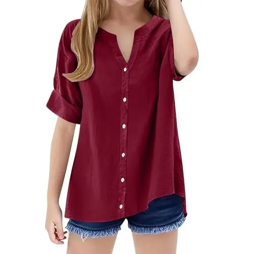 Produktbild: Baumwoll Leinen Bluse Mädchen Langarmshirt Einfarbig Kinder Lässiges Coole Shirt V-Ausschnitt Teenager Oberteile Leicht Kinderkleidun Top Lockeres Hemd Button Down (Wine, 14-15 Years)