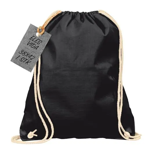 Produktbild: Baumwoll Turnbeutel 1 Stück 38 x 42 cm Sportbeutel - Rucksack Stofftasche Bag, Beutel, Baumwollbeutel, Jutebeutel OEKO-TEX® geprüft Stoffbeutel Damen & Herren, Kinder Gym Sack zum bemalen in Schwarz