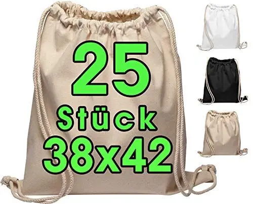 Produktbild: Baumwoll Turnbeutel 25 Stück 38 x 42cm Sportbeutel - Rucksack Stofftasche Bag, Beutel, Baumwollbeutel, Jutebeutel OEKO-TEX® zertifiziert Stoffbeutel Einkaufsbeutel Gym Sac Sack zum bemalen Set Natur