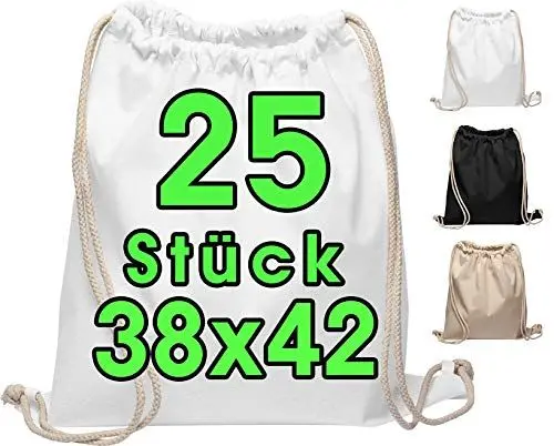 Produktbild: Baumwoll Turnbeutel 25 Stück 38 x 42cm Sportbeutel - Rucksack Stofftasche Bag, Beutel, Baumwollbeutel, Jutebeutel OEKO-TEX® zertifiziert Stoffbeutel Einkaufsbeutel Gym Sac Sack zum bemalen Set Weiss