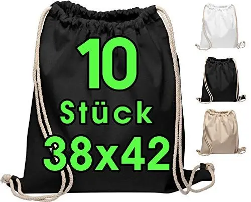 Produktbild: Baumwollbeutel 10 Stück 38x42cm Sportbeutel - Rucksack Stofftasche Turnbeutel Bag, Beutel, Baumwollbeutel, Jutebeutel OEKO-TEX® zertifiziert Stoffbeutel Einkaufsbeutel Gym Sac Sack zum bemalen Schwarz