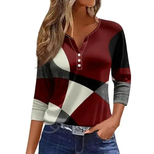Produktbild: Baumwolle Blusen Für Damen 3/4 Ärmel Lässig Überdimensioniert Gemütlich Tunika Top Trendig Muster Druck Knopf Unten V Ausschnitt Shirt Rot XXL Tshirt Damen Weiss Baumwolle 3/4 Arm Band Shirt