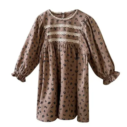 Produktbild: Baumwolle Kleider Mädchen Lange Puffärmel Blumenkleider mit A-Linie Herbst Winter Frühling Sommer Kleid für Hochzeit Blumenmädchenkleid Gesmoktes Partykleid Urlaubskleid Abendkleid braun 5-6 Jahre