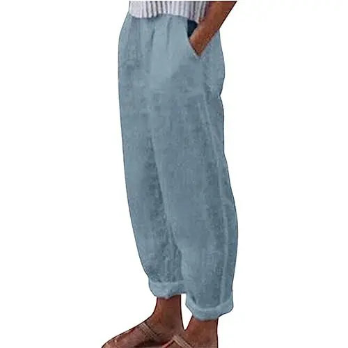 Produktbild: Baumwolle Leinen Gerade Tasche Casual Hosen Damen Hohe Taille Breite Bein Hosen Modische Kordelzug Elastische Hosen Bequem Viskose-Hose Für Damen Flowy Pants (Sky Blue, XXL)