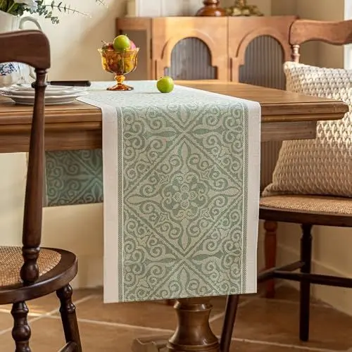 Produktbild: Baumwolle Leinen Tischläufer 35 x 180 cm, Frühlingsdeko Tischläufer mit Lotuseffekt, Abwaschbar und Wasserabweisend, Modern Geometrisches Musterdesign Dekoration Table Runner für Esstisch und Party
