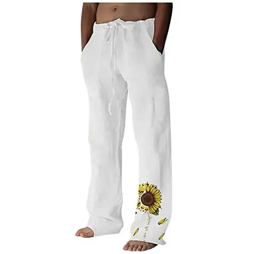 Produktbild: Baumwollhose Herren Männer Leicht Einfarbig Leinen Hose Mit Kordelzug Loose Elastischer Bund Lang Sommerhose EIS Seide Hose Männer Lose Sommer Dünnen Abschnitt Fischerhose (5-White,5XL)