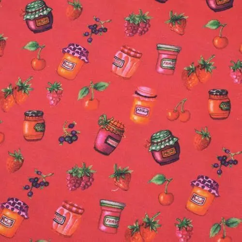 Produktbild: Baumwollstoff Meterware Rot Marmeladengläser – Patchwork Stoff 115 cm breit – schadstoffgeprüft & vielseitig für Deko, Gläser, Kissen & Nähen