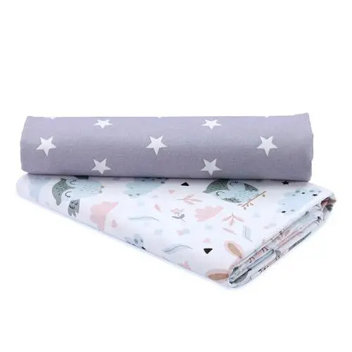 Produktbild: Stoff Baumwollstoff Meterware SET 2x: 1 M x 160 cm - Stoffe zum Nähen Meterware Baumwolle Fabric Dekostoff leichter Nähstoff für Kinder Modestoff Eulen und weiße Sterne auf Grau