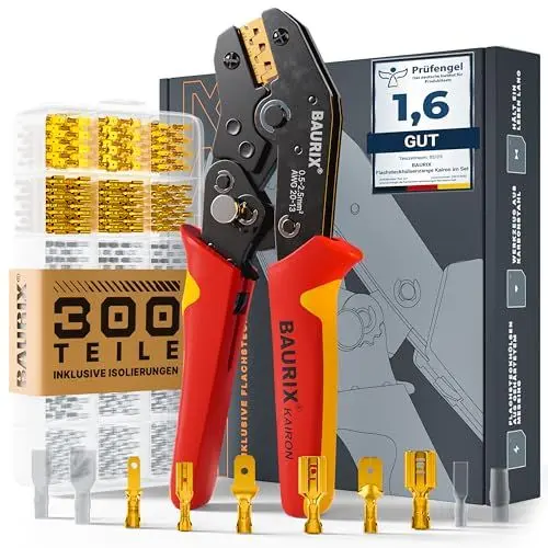 Produktbild: BAURIX® Crimpzange für Flachsteckhülsen 0,50–2,50 mm² – 300 Steckverbinder Set – Elektriker Werkzeug für zuverlässige Kabelverbindungen – KAIRON