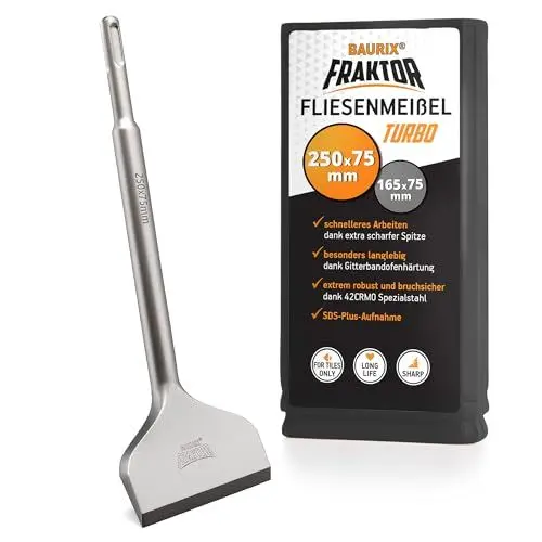 Produktbild: BAURIX® Fliesenmeißel SDS Plus 250x75 mm – Kinderleicht Fliesen & Fliesenkleber entfernen durch abgewinkeltem Flachmeißel – 42CrMo-Stahl, Bruchsicherer Schaft