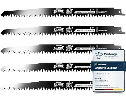 Produktbild: BAURIX® (LONG LIFE) Säbelsägeblätter Holz, 5 Stück, 240 mm, 5 TPI, Sägeblatt Säbelsäge für schnelle und saubere Schnitte, Säbelsägeblatt für Grobholz, Nassholz, Brennholz, lebendes Holz
