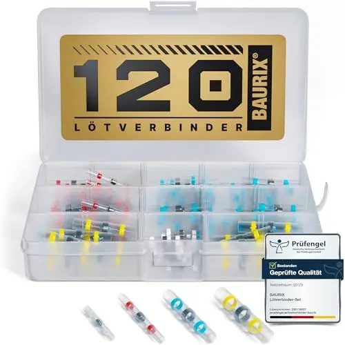 Produktbild: BAURIX® Lötverbinder Set 120 Stück – IP67 Schrumpfverbinder für wasserdichte Kabelverbindungen – für Auto, Elektronik & Outdoor – 4 Größen