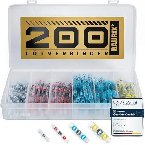 Produktbild: BAURIX® Lötverbinder Set 200 Stück – IP67 Schrumpfverbinder für wasserdichte Kabelverbindungen – für Auto, Elektronik & Outdoor – 4 Größen