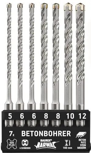 Produktbild: BAURIX® SDS Plus Betonbohrer-Set (7-teilig) mit Karbidspitze für Mauerwerk, Beton & Trockenbau – Beton bohren wie durch Butter – Set 5, 6, 8, 10, 12 mm – Länge: 160 mm