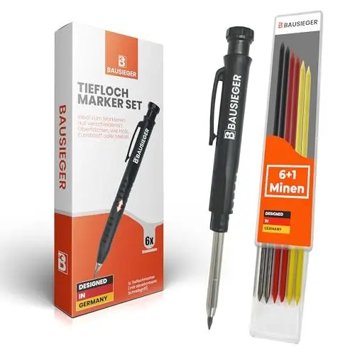 Produktbild: BAUSIEGER Tieflochmarker SET (inkl. 7 Minen + Schreibgriff) - Zimmermannsbleistift, Handwerker Bleistift, Bohrlochmarker, Bleistift Baustelle, Baubleistift, Baubleistift, Tiefenlochmarker