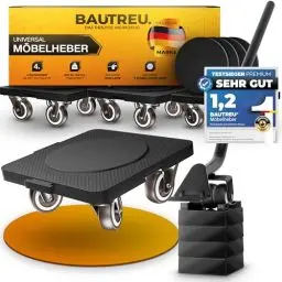 Produktbild: BAUTREU Möbelheber Set für schwere Möbel - 4X Möbelroller und 1x Lastenheber - inkl. 4 Anti-Rutsch Pads - Möbel Transportroller Set für Umzug - Bodenschonende TPE Rollen
