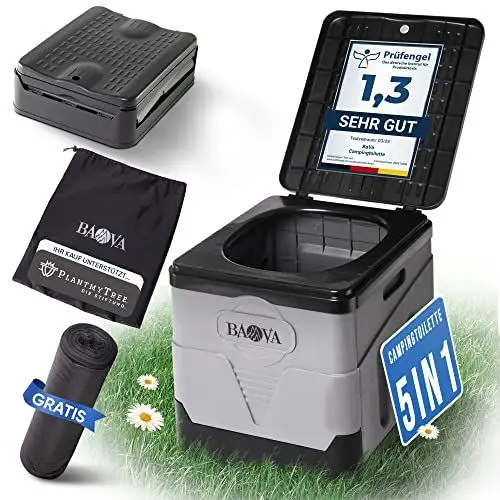 Produktbild: BAVA® (Modell 2024) Campingtoilette Mobil Ohne Chemie (Faltbar) Einzigartige Stabilität + 12 Beutel | Trockentoilette Camping WC Campingplatz Blackout Festivals Kleingärten Fischen - Grau