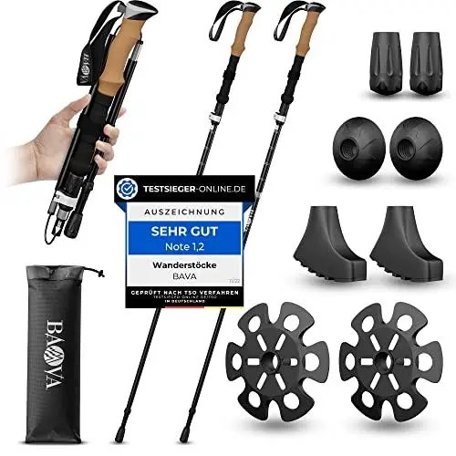 Produktbild: BAVA® Wanderstock Faltbar (36cm Packmaß) Verschiedene Aufsätze (Ultraleicht) EasyFold-System - Teleskop Verstellbar | Trekkingstöcke Nordic Walking Stöcke Damen und Herren -Wandern Hiking Outdoor