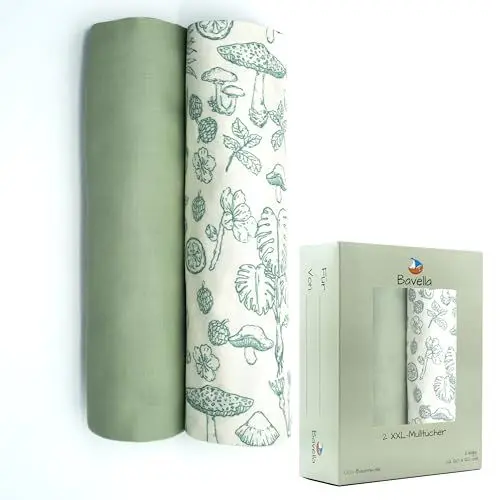 Produktbild: Bavella - 2er Set XXL Musselin Baby Decke & Tuch (ÖKO-TEX Zertifiziert) 100% Baumwolle (120x120cm) - Spuck-Tücher, Pucktuch & Musselin-Tuch für Jungen & Mädchen, Spucktuch & Baby-Decke nachhaltig