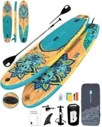 Produktbild: BAX ASTRONAVE Stand Up Paddling Board Aufblasbares,SUP Board 335x81x15cm,Tragkraft bis 150Kg,Cam Halterung,Verstellbares Doppel-Paddel,Finnen,Komplettes Zubehör (Wood-Blau)