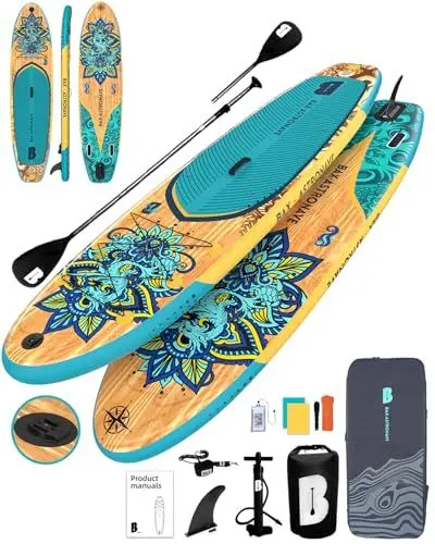 Produktbild: BAX ASTRONAVE Stand Up Paddling Board Aufblasbares,SUP Board 335x81x15cm,Tragkraft bis 150Kg,Cam Halterung,Verstellbares Doppel-Paddel,Finnen,Komplettes Zubehör (Wood-Blau)