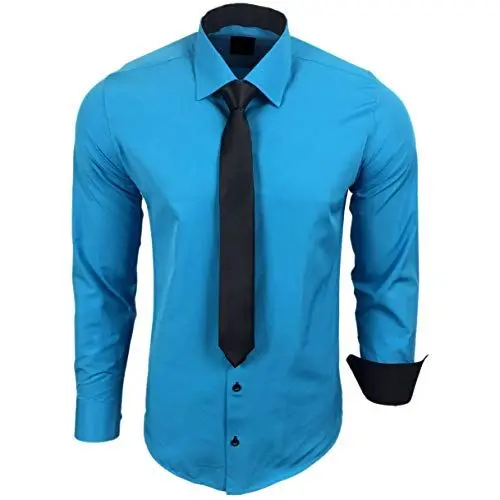 Produktbild: Baxboy 444-BK Herren Kontrast Hemd Business Hemden mit Krawatte Hochzeit Freizeit Fit, Farbe:Türkis, Größe:L