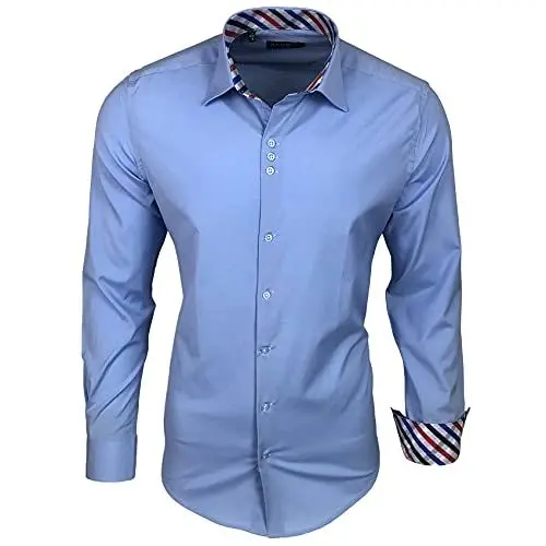 Produktbild: Baxboy 501 Herrenhemd Herren Kariert Hemd Men Dress Shirt Kentkragen Langarm Business Karohemd Freizeithemd, Farbe:Hellblau, Größe:M