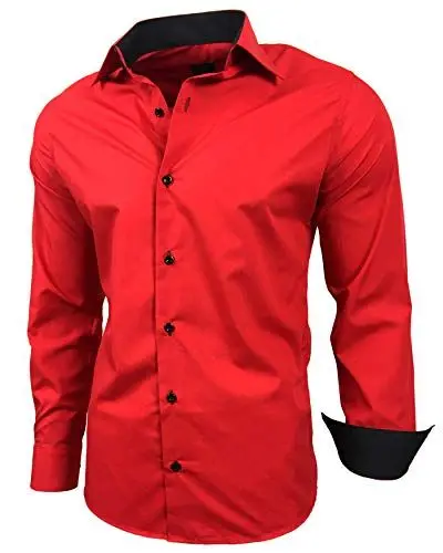 Produktbild: Baxboy Herren-Hemd Slim-Fit Bügelleicht Für Anzug, Business, Hochzeit, Freizeit - Langarm Hemden für Männer Langarmhemd R-44, Farbe:Rot, Größe:L
