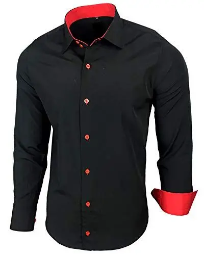 Produktbild: Baxboy Herren-Hemd Slim-Fit Bügelleicht Für Anzug, Business, Hochzeit, Freizeit - Langarm Hemden für Männer Langarmhemd R-44, Farbe:Schwarz/Rot, Größe:XL