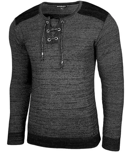 Produktbild: Baxboy Herren Pullover Slim Fit V-Neck Strick-Pullover Rundkragen Moderner Männer schwarzer Pulli Longsleeve in Feinstrick Sweatshirt BB-52205, Farbe:Anthrazit, Größe:L