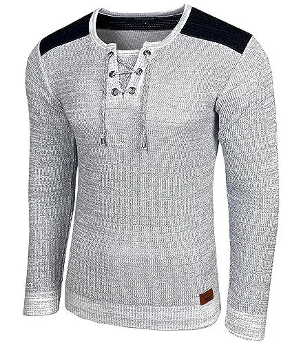 Produktbild: Baxboy Herren Pullover Slim Fit V-Neck Strick-Pullover Rundkragen Moderner Männer schwarzer Pulli Longsleeve in Feinstrick Sweatshirt BB-52205, Farbe:Grau, Größe:XL