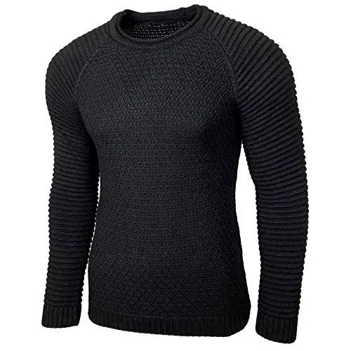 Produktbild: Baxboy Strickpullover Herren Two Tone Rundhals Pullover Grobstrick B-8056, Farbe:Schwarz, Größe:L