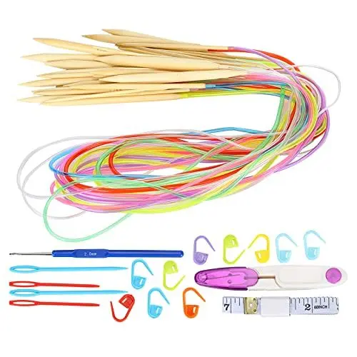 Produktbild: Baxnore 18 Stück Rundstricknadeln, 2-10mm Stricknadeln aus Bambus für Stricken, mit Häkelnadel Nähnadel Schere Lineal, zum Stricken von Kleidung Mützen Handschuhen Schals (100cm)
