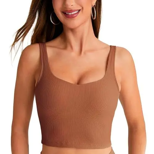 Produktbild: BAYDI Damen Sport BH ohne Buegel Langlinie Bustier Gepolstert Crop Top Gerippte Yoga Fitness Soft Bra mit Abnehmbaren Cups Braun