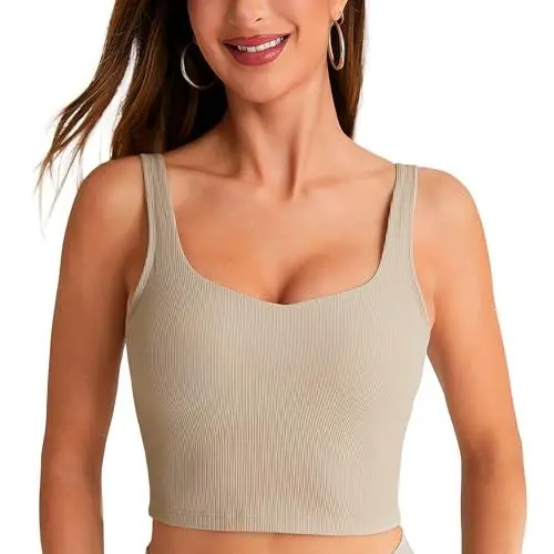 Produktbild: BAYDI Damen Sport BH ohne Buegel Langlinie Bustier Gepolstert Crop Top Gerippte Yoga Fitness Soft Bra mit Abnehmbaren Cups Salbei