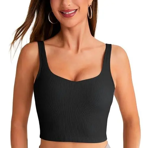 Produktbild: BAYDI Damen Sport BH ohne Buegel Langlinie Bustier Gepolstert Crop Top Gerippte Yoga Fitness Soft Bra mit Abnehmbaren Cups Schwarz