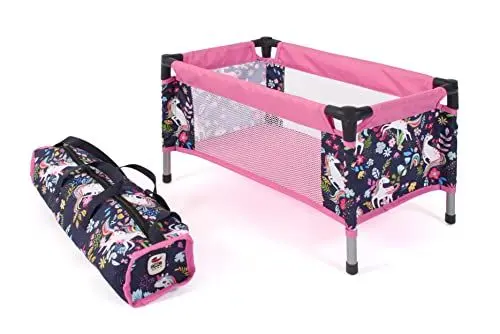 Produktbild: Bayer Chic 2000 - Reisebett für Baby-Puppen bis 48 cm, Puppenbett, Puppenreisebett, Puppenmöbel, Puppenzubehör, Einhorn, Navy-pink