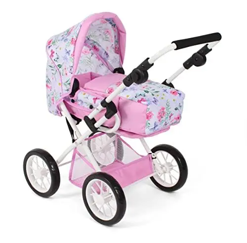 Produktbild: Bayer Chic 2000® 3in1 Kombi Puppenwagen Leni - Flowers Rosa - faltbar, höhenverstellbarer Griff 43-67 cm, Tragetasche – Puppen bis 46 cm, ab 3 J.