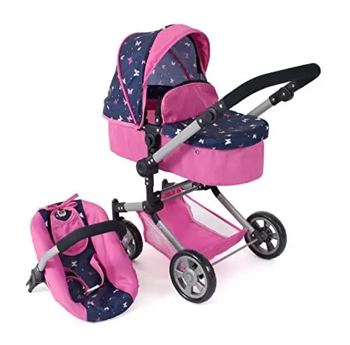 Produktbild: Bayer Chic 2000® 3in1 Kombi Puppenwagen Linus - Butterfly Navy-Pink- faltbar, höhenverstellbarer Griff 47-78 cm, mit Autositz – Puppen bis 52 cm, 4-8 J.