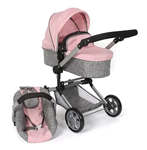 Produktbild: Bayer Chic 2000 - Puppenwagen Linus, 3in1 Kombipuppenwagen für Kinder von 4 bis 8 Jahren, Puppenwagen-Set, Melange grau, rosa, 72 x 41,5 x 82 cm