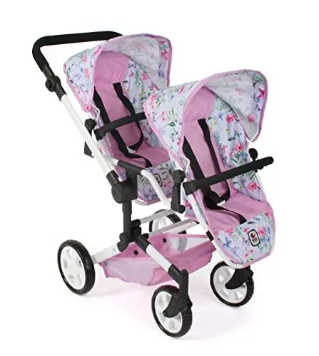 Produktbild: Bayer Chic 2000® Puppenwagen Linus Duo – Flowers Rosa – Faltbarer Zwillingspuppenwagen – Verstellbarer Griff 50-82 cm – Puppen bis 50 cm – 4-8 J.