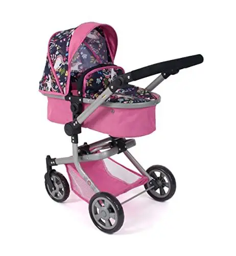 Produktbild: Bayer Chic 2000® 2in1 Puppenwagen Mika – Pink Navy – faltbar – höhenverstellbarer Griff 47-80 cm – modernes Gestell – Puppen bis 52 cm – 4-8 J, Einhorn