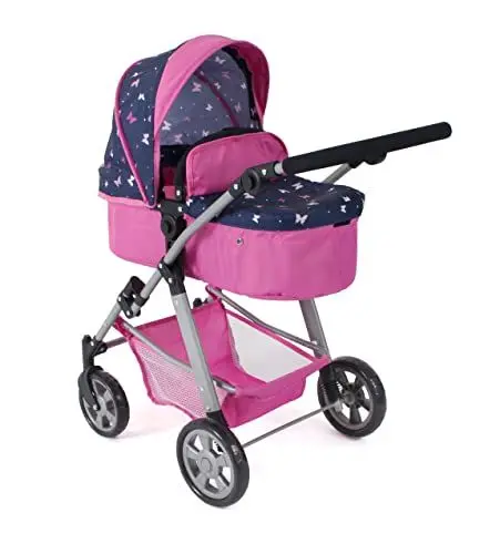 Produktbild: Bayer Chic 2000 - Puppenwagen Nele, 2-in-1 Kombipuppenwagen für Kinder von 3 bis 8 Jahren, Puppenkinderwagen mit umwandelbarer Babywanne, Kinderwagen für Puppen bis 50 cm Größe, Butterfly, Navy-pink