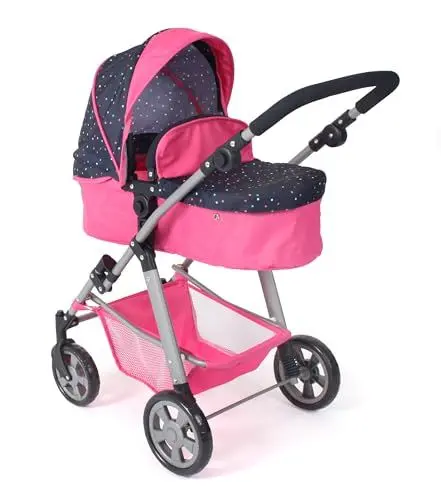 Produktbild: Bayer Chic 2000 - Puppenwagen Nele, 2-in-1 Kombipuppenwagen für Kinder von 3 bis 8 Jahren, Puppenkinderwagen mit umwandelbarer Babywanne, Kinderwagen für Puppen bis 50 cm Größe, Konfetti pink