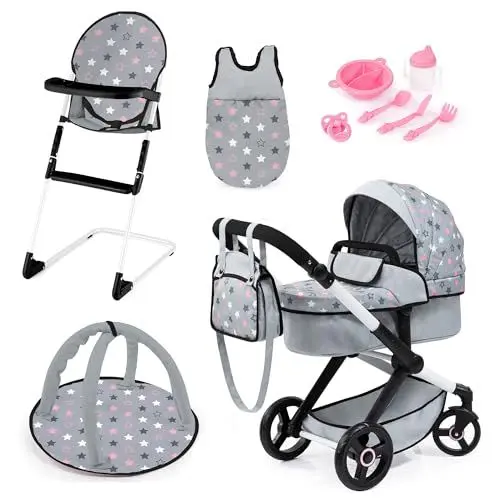 Produktbild: Bayer Design 17007AB Puppenwagen Xeo, Verstellbarer Griff, Schwenkschieber, wandelbar als Jogger, Schlafsack, Hochstuhl, Spielbogen, Puppenzubehör, Grau