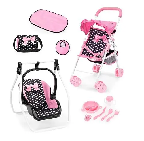 Produktbild: Bayer Design 21560AC Faltbarer Puppenbuggy mit Dach, Doppelräder, Tasche, Wickelunterlage, Wiege, Zubehör